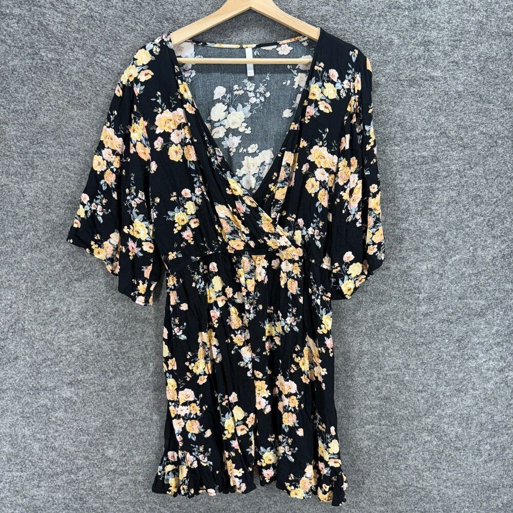 Unbranded Dress Women L Large Black Floral V-Neck Sheath Short 3/4 Sleeve Rayon